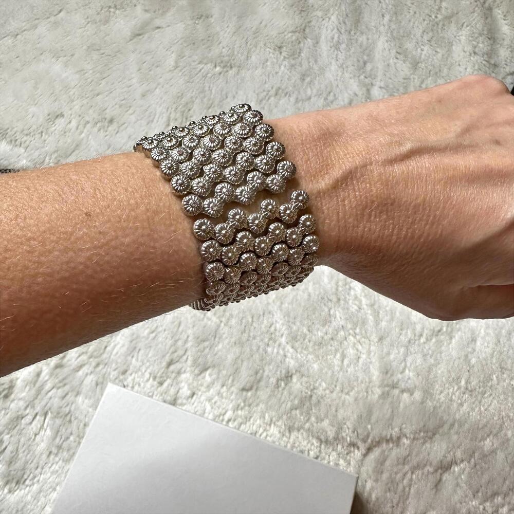 Silver Rhinestone Daisy Stretch Bracelet 1.5” Wide